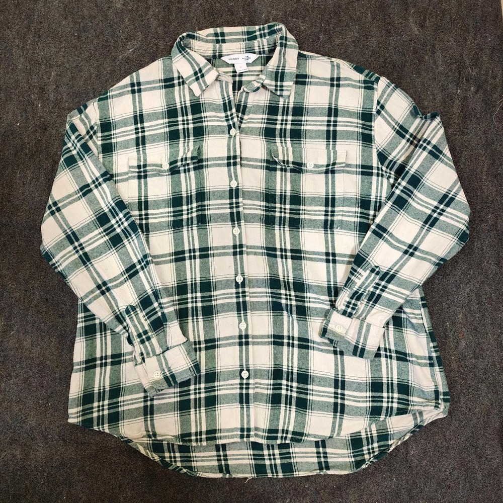 Old Navy Green White Plaid Flannel Shirt The Boyfriend Shirt Mens L